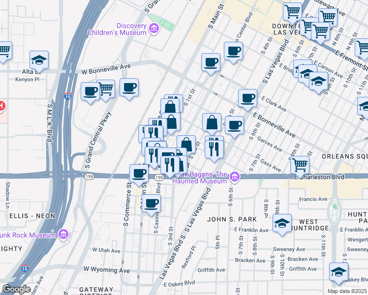 map of restaurants, bars, coffee shops, grocery stores, and more near 923 South Casino Center Boulevard in Las Vegas