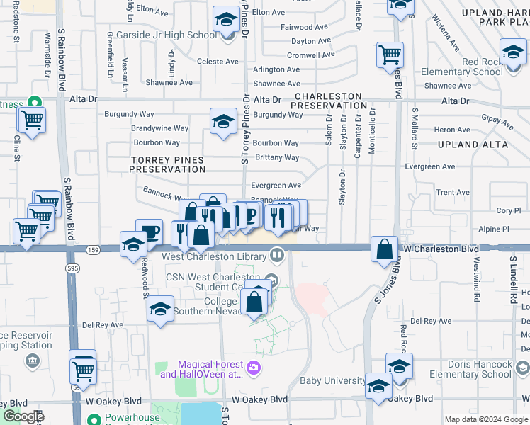 map of restaurants, bars, coffee shops, grocery stores, and more near 6310 West Charleston Boulevard in Las Vegas