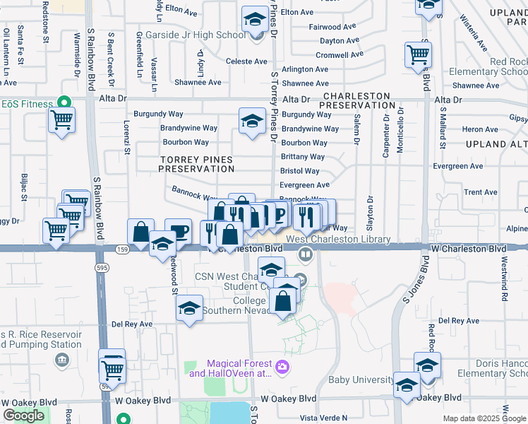 map of restaurants, bars, coffee shops, grocery stores, and more near 6354 Casada Way in Las Vegas