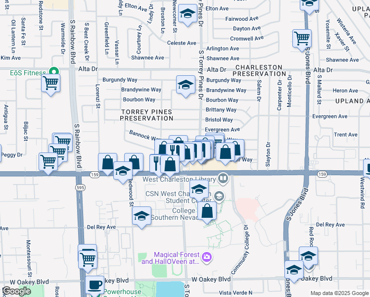 map of restaurants, bars, coffee shops, grocery stores, and more near 6415 Casada Way in Las Vegas