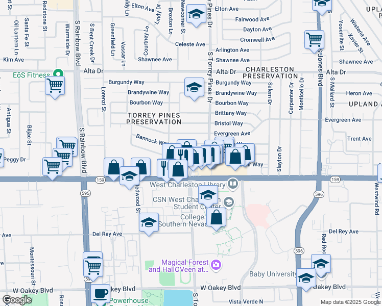 map of restaurants, bars, coffee shops, grocery stores, and more near 6415 Casada Way in Las Vegas