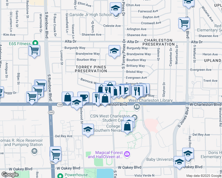map of restaurants, bars, coffee shops, grocery stores, and more near 6415 Casada Way in Las Vegas