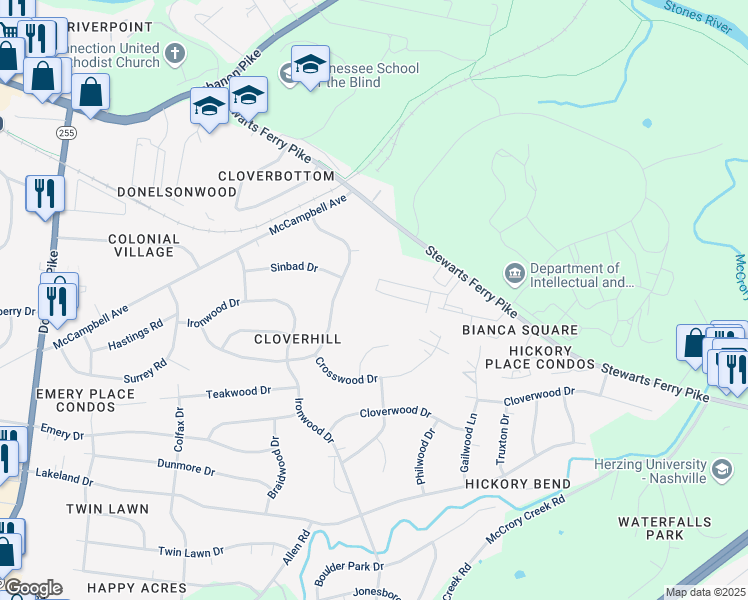 map of restaurants, bars, coffee shops, grocery stores, and more near 1214 Sugar Creek Circle in Nashville