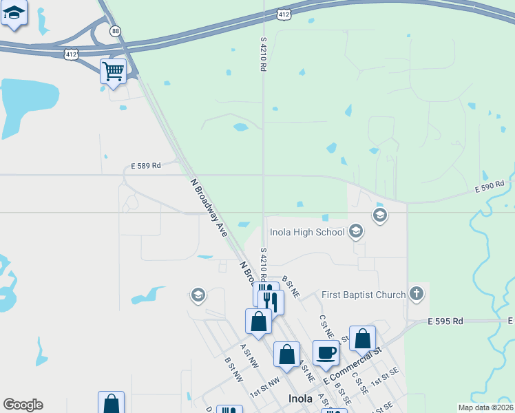 map of restaurants, bars, coffee shops, grocery stores, and more near 31076 South 4210 Road in Inola