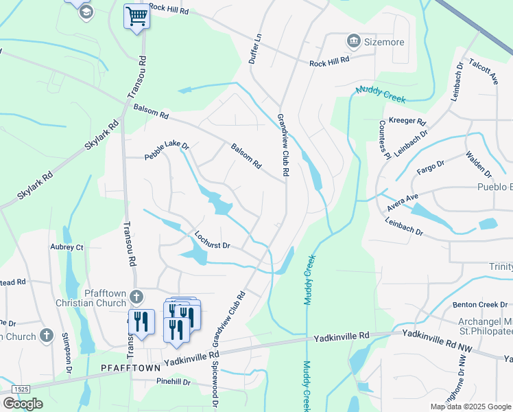map of restaurants, bars, coffee shops, grocery stores, and more near 3410 Willow Wind Drive in Pfafftown