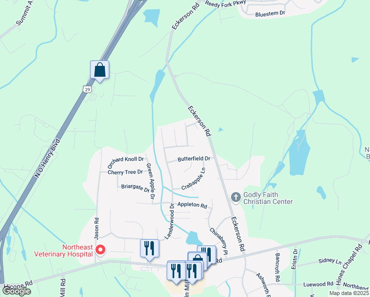 map of restaurants, bars, coffee shops, grocery stores, and more near 4206 Laurel Creek Drive in Greensboro