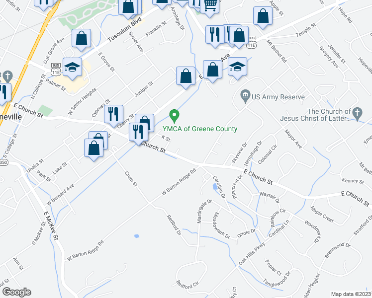 map of restaurants, bars, coffee shops, grocery stores, and more near 903 East Church Street in Greeneville