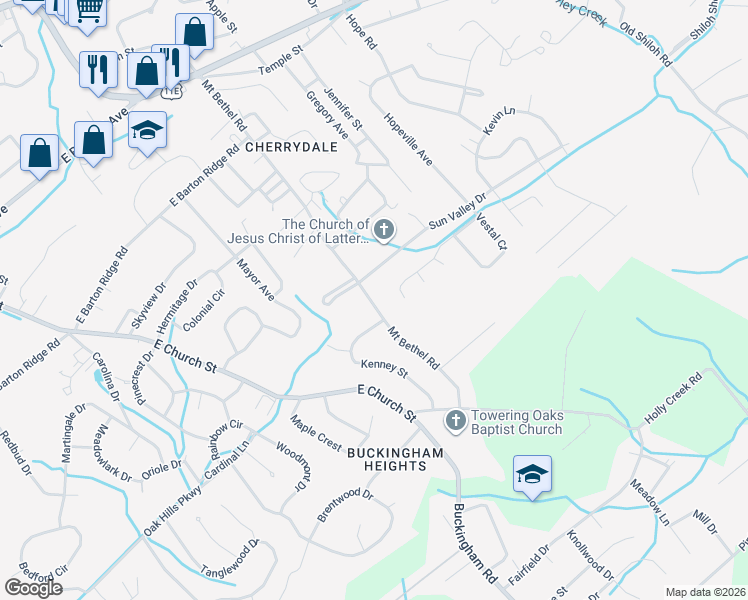 map of restaurants, bars, coffee shops, grocery stores, and more near 504 Mount Bethel Road in Greeneville