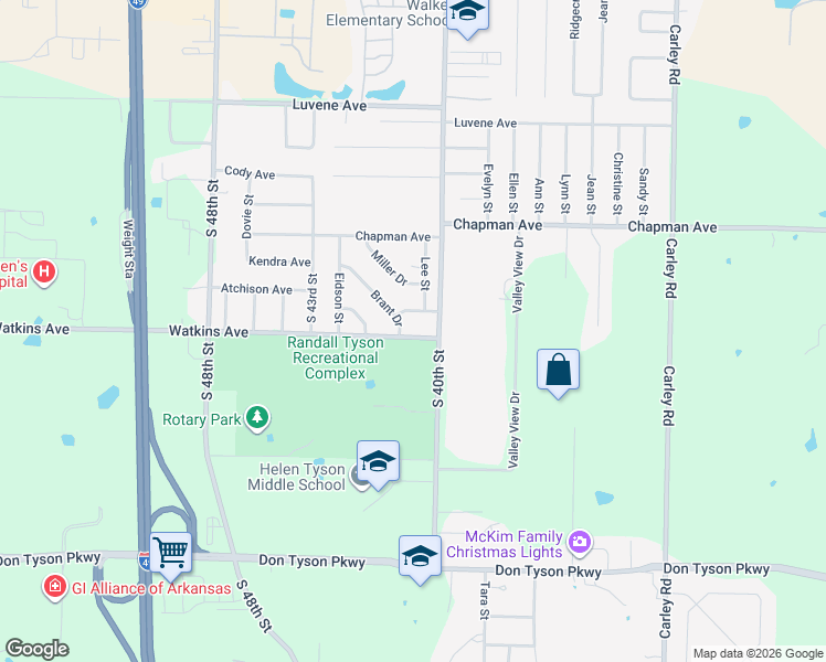 map of restaurants, bars, coffee shops, grocery stores, and more near 4006 Watkins Avenue in Springdale