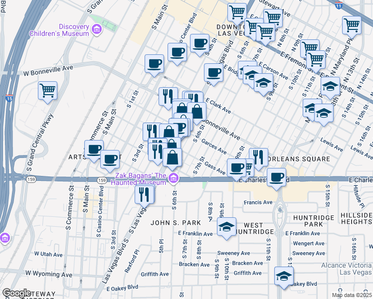 map of restaurants, bars, coffee shops, grocery stores, and more near 731 South 6th Street in Las Vegas
