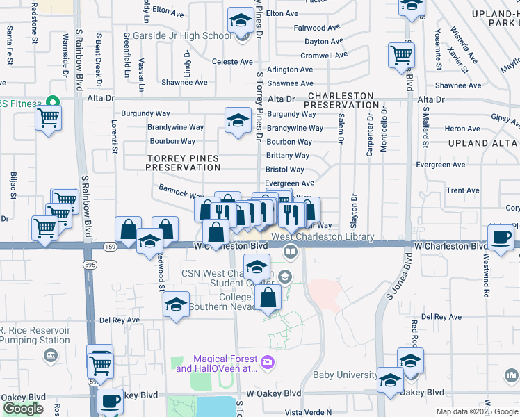 map of restaurants, bars, coffee shops, grocery stores, and more near 6354 Casada Way in Las Vegas