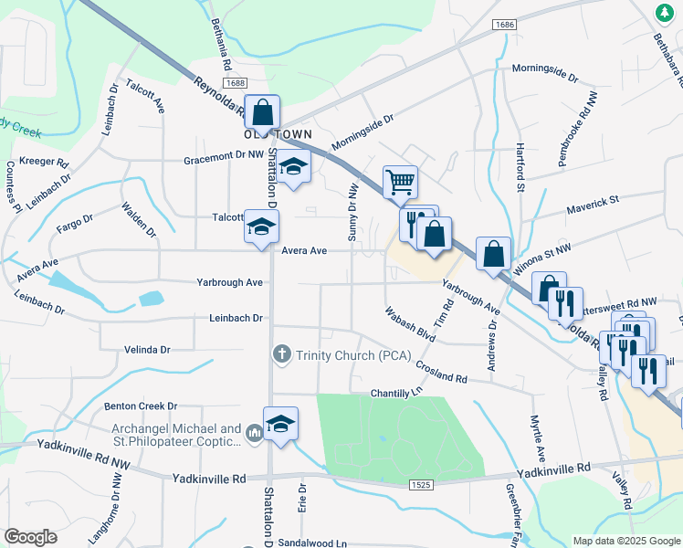 map of restaurants, bars, coffee shops, grocery stores, and more near 4622 Sunny Drive in Winston-Salem