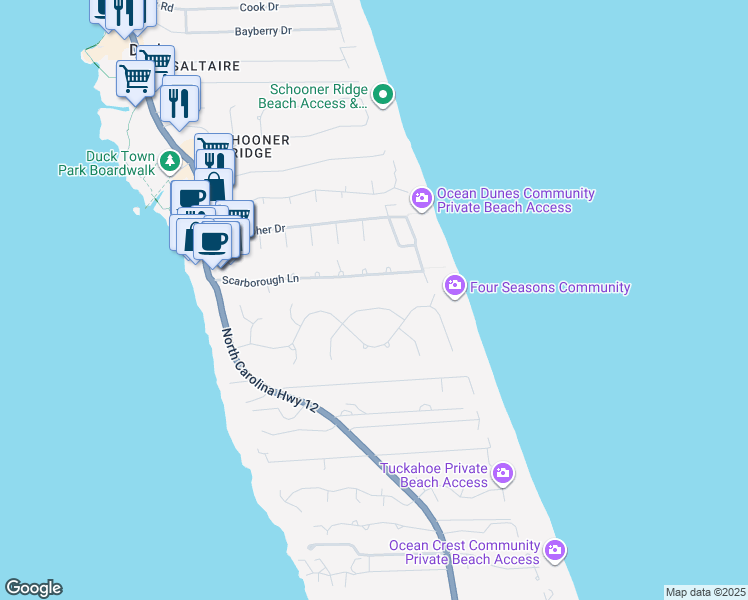 map of restaurants, bars, coffee shops, grocery stores, and more near 107 Duck Hunt Club Lane in Duck