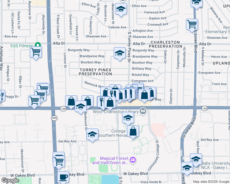 map of restaurants, bars, coffee shops, grocery stores, and more near 6415 Casada Way in Las Vegas