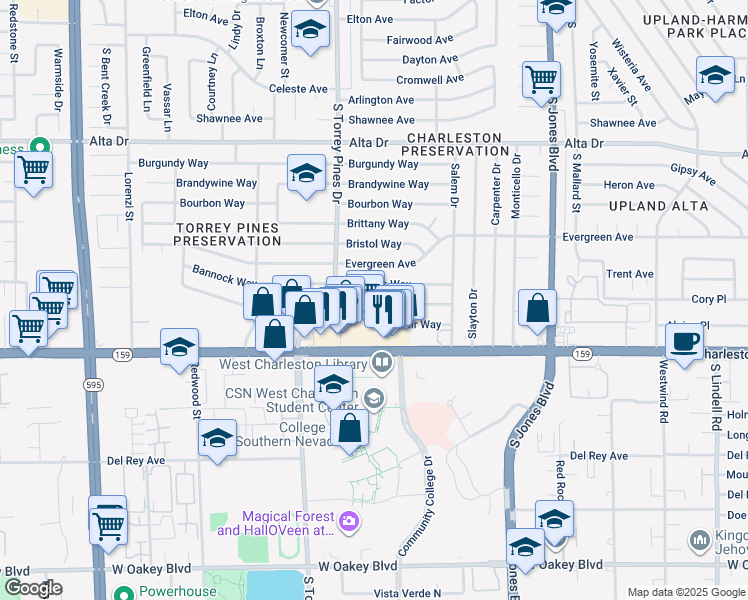 map of restaurants, bars, coffee shops, grocery stores, and more near 6318 Casada Way in Las Vegas