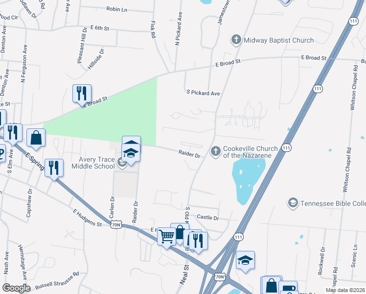map of restaurants, bars, coffee shops, grocery stores, and more near 201-227 Raider Drive in Cookeville