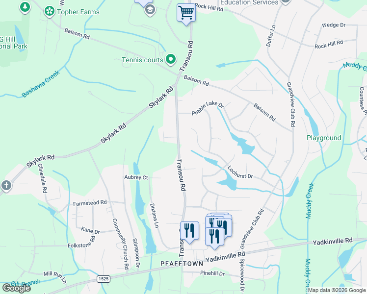 map of restaurants, bars, coffee shops, grocery stores, and more near 3495 Transou Road in Pfafftown