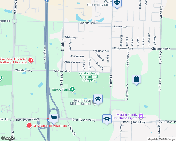 map of restaurants, bars, coffee shops, grocery stores, and more near 4303 Watkins Avenue in Springdale