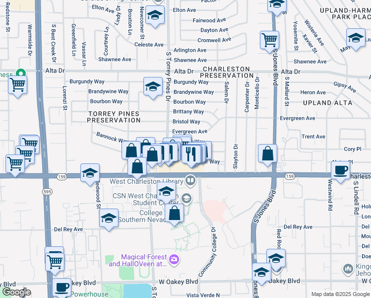 map of restaurants, bars, coffee shops, grocery stores, and more near 6318 Casada Way in Las Vegas