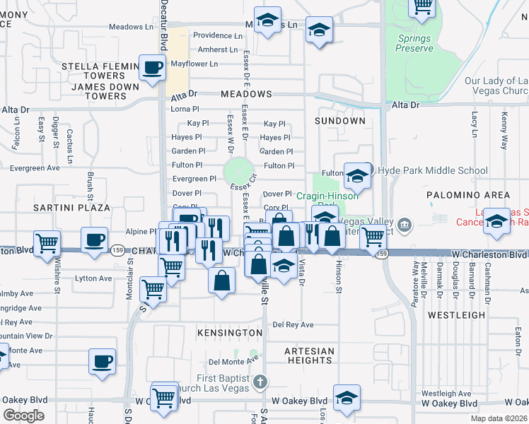 map of restaurants, bars, coffee shops, grocery stores, and more near 4325 Cory Place in Las Vegas