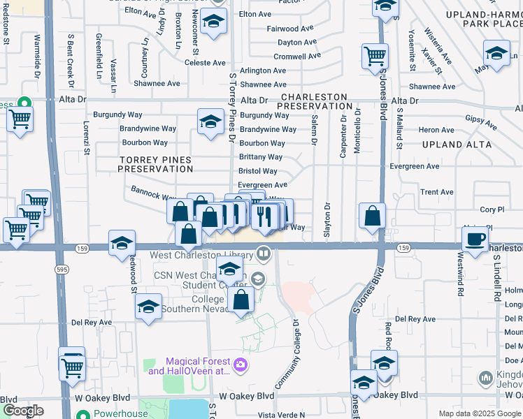 map of restaurants, bars, coffee shops, grocery stores, and more near 6316 Casada Way in Las Vegas