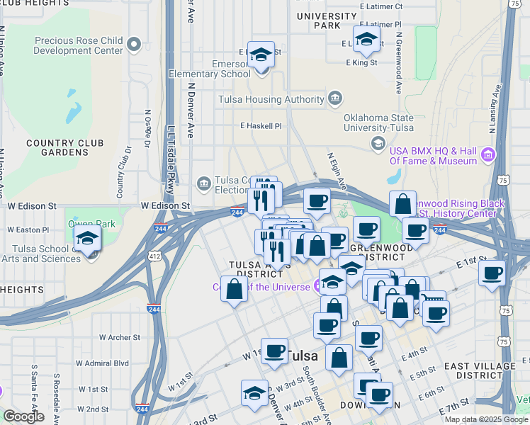 map of restaurants, bars, coffee shops, grocery stores, and more near 423 North Main Street in Tulsa