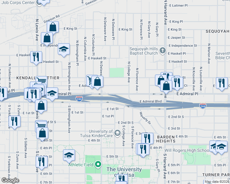 map of restaurants, bars, coffee shops, grocery stores, and more near 2845 East Admiral Place in Tulsa