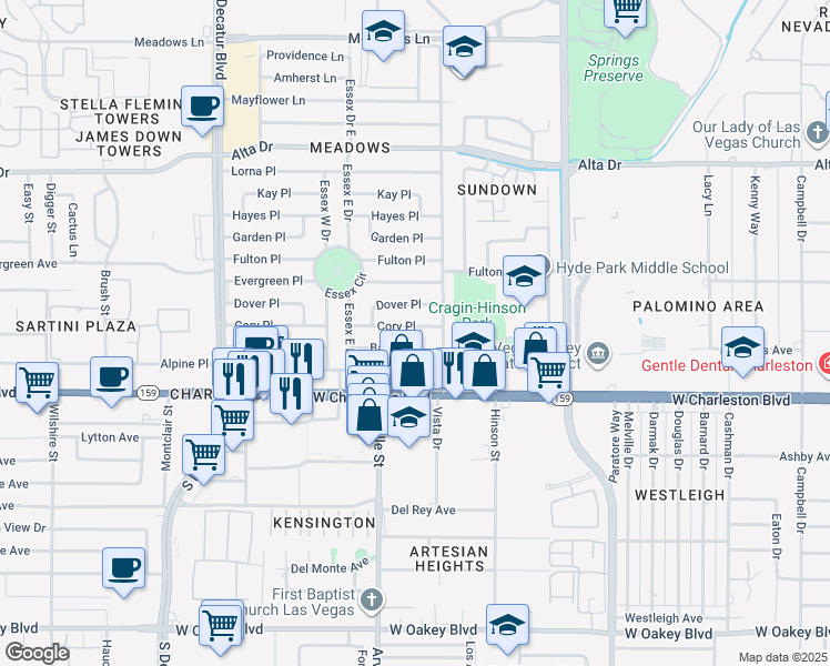 map of restaurants, bars, coffee shops, grocery stores, and more near 4225 Baxter Place in Las Vegas
