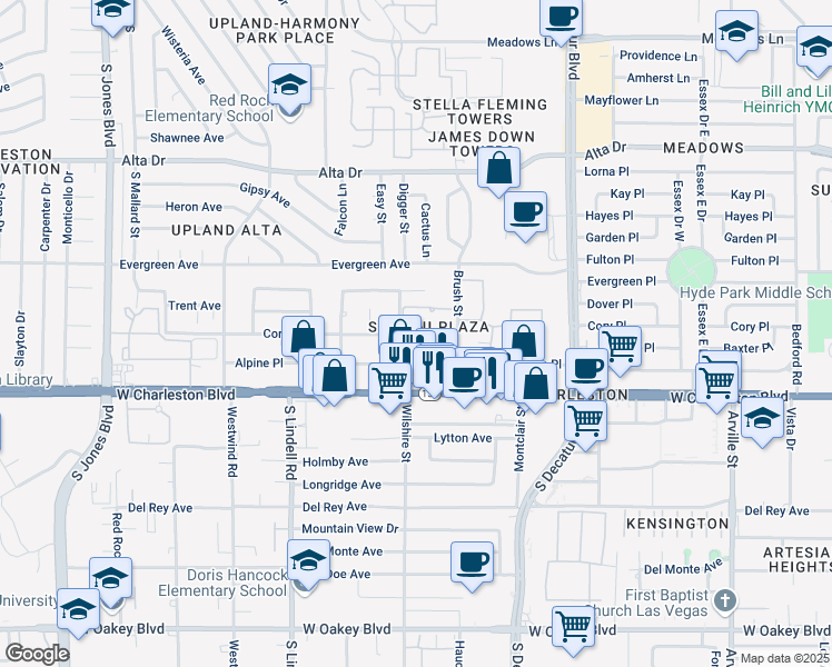 map of restaurants, bars, coffee shops, grocery stores, and more near 38 Alpine Place in Las Vegas