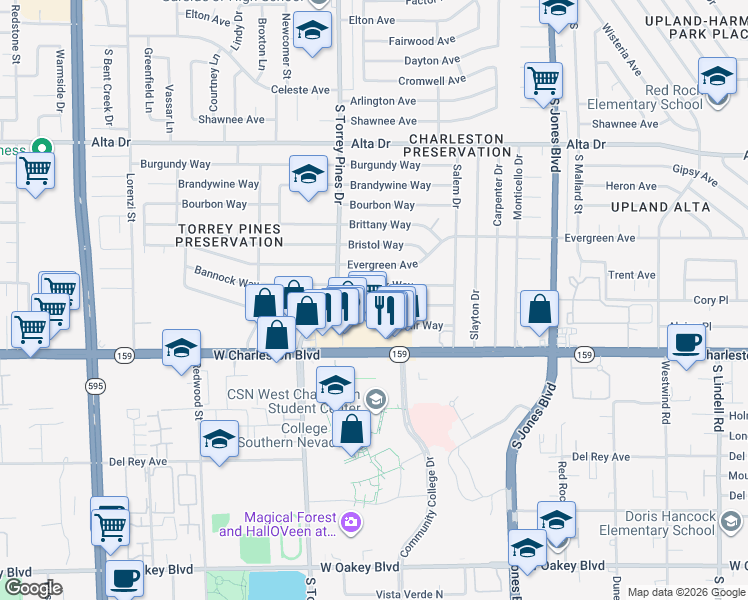 map of restaurants, bars, coffee shops, grocery stores, and more near 6310 West Charleston Boulevard in Las Vegas