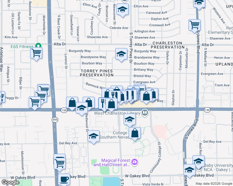 map of restaurants, bars, coffee shops, grocery stores, and more near 6415 Casada Way in Las Vegas