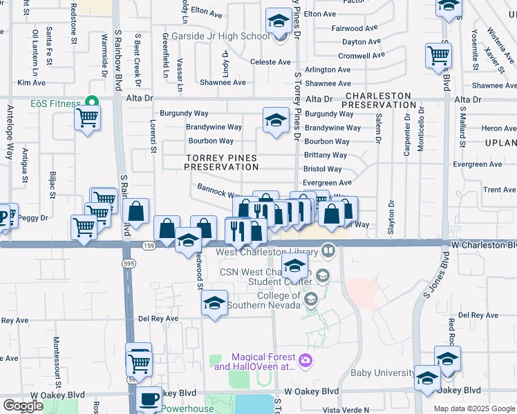 map of restaurants, bars, coffee shops, grocery stores, and more near 6449 Casada Way in Las Vegas