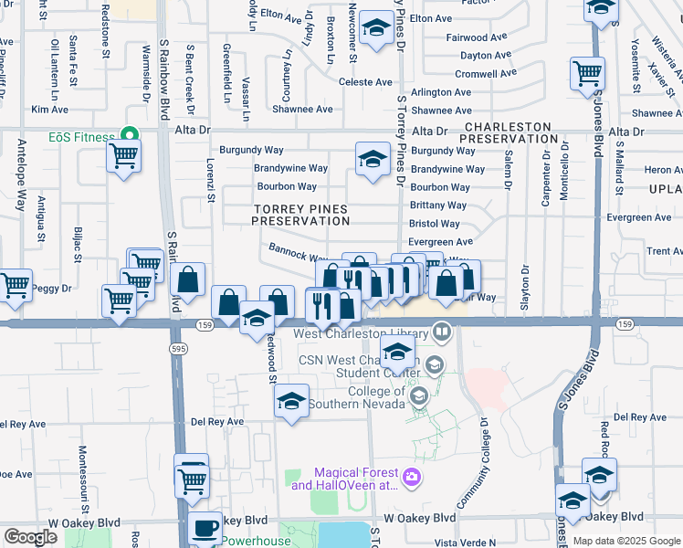 map of restaurants, bars, coffee shops, grocery stores, and more near 6449 Casada Way in Las Vegas