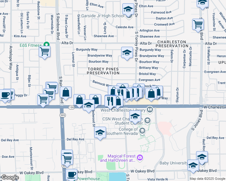 map of restaurants, bars, coffee shops, grocery stores, and more near 6449 Casada Way in Las Vegas