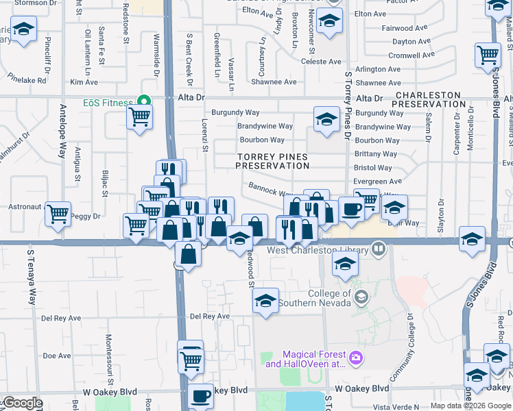 map of restaurants, bars, coffee shops, grocery stores, and more near 6500 West Charleston Boulevard in Las Vegas