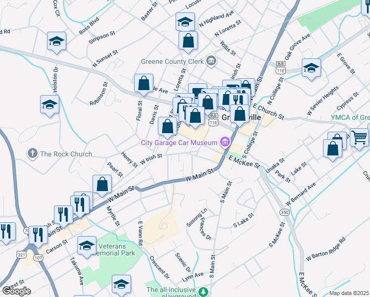 map of restaurants, bars, coffee shops, grocery stores, and more near 407 West Irish Street in Greeneville