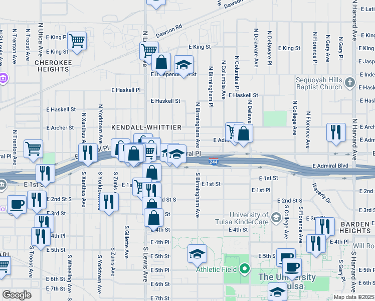 map of restaurants, bars, coffee shops, grocery stores, and more near 2527 East Admiral Place in Tulsa