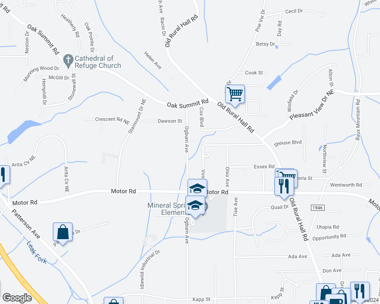 map of restaurants, bars, coffee shops, grocery stores, and more near 4659 Ogburn Avenue in Winston-Salem