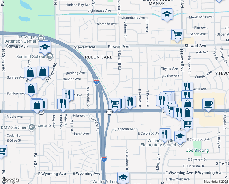 map of restaurants, bars, coffee shops, grocery stores, and more near 49 Del Amo Drive in Las Vegas