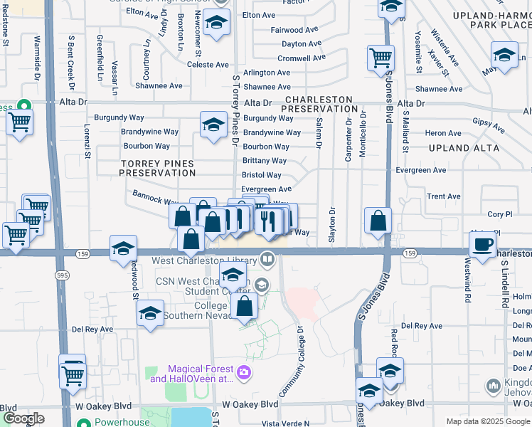 map of restaurants, bars, coffee shops, grocery stores, and more near 6316 Casada Way in Las Vegas