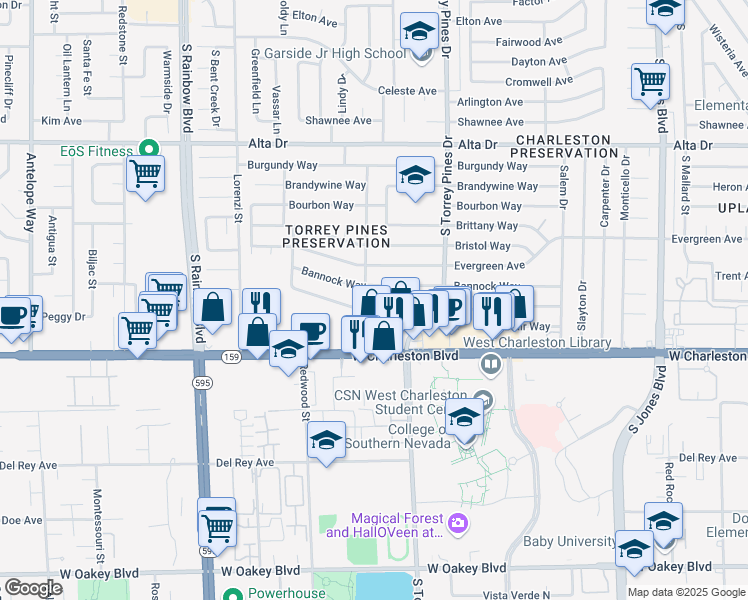 map of restaurants, bars, coffee shops, grocery stores, and more near 6448 Casada Way in Las Vegas