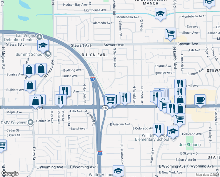 map of restaurants, bars, coffee shops, grocery stores, and more near 49 Del Amo Drive in Las Vegas