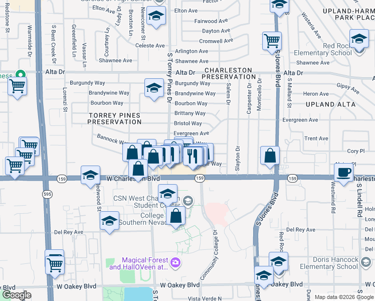 map of restaurants, bars, coffee shops, grocery stores, and more near 6310 West Charleston Boulevard in Las Vegas