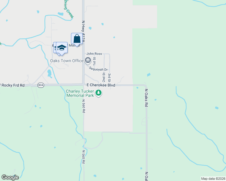 map of restaurants, bars, coffee shops, grocery stores, and more near 1030 Oklahoma 82A in Oaks