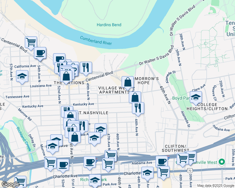 map of restaurants, bars, coffee shops, grocery stores, and more near 4404 Tennessee Avenue in Nashville