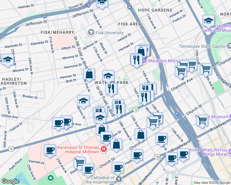 map of restaurants, bars, coffee shops, grocery stores, and more near 512 Fisk Street in Nashville