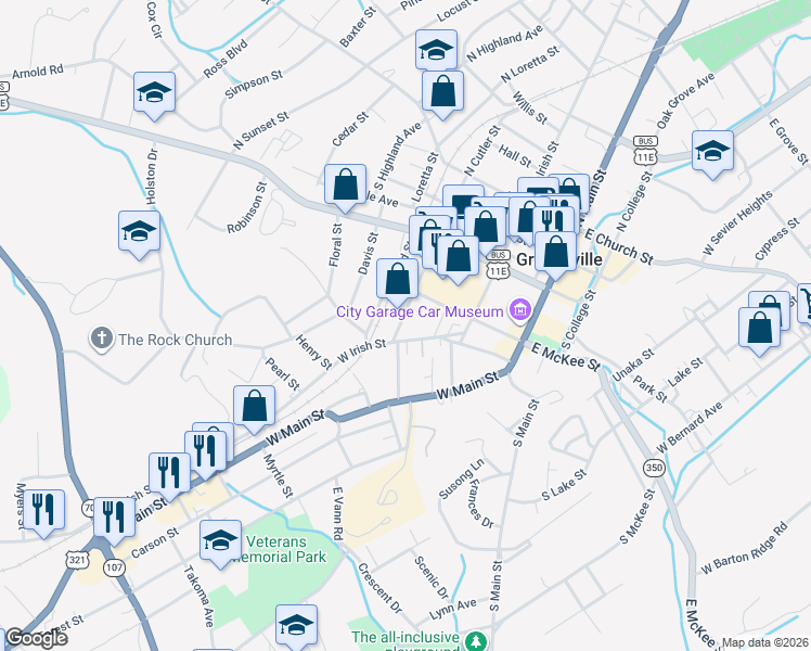 map of restaurants, bars, coffee shops, grocery stores, and more near 501 West Irish Street in Greeneville