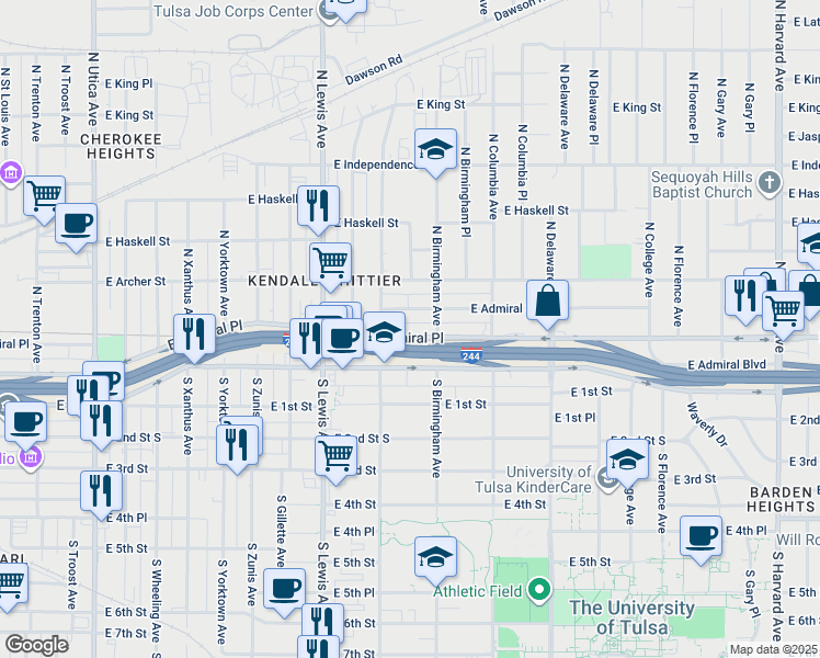 map of restaurants, bars, coffee shops, grocery stores, and more near 2527 East Admiral Place in Tulsa