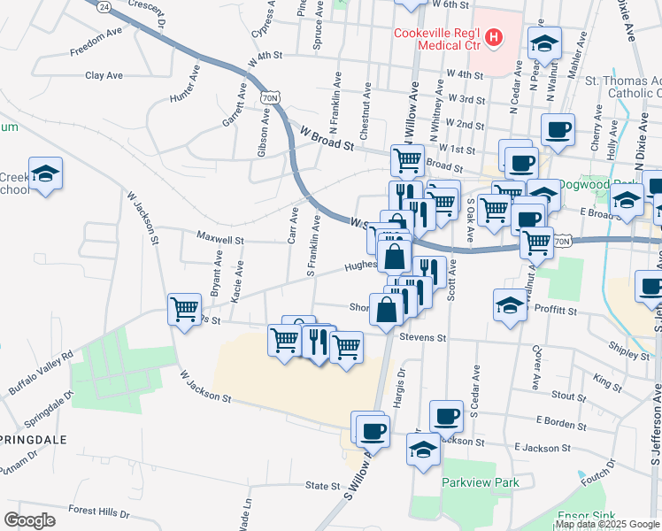 map of restaurants, bars, coffee shops, grocery stores, and more near 404 Buffalo Valley Road in Cookeville