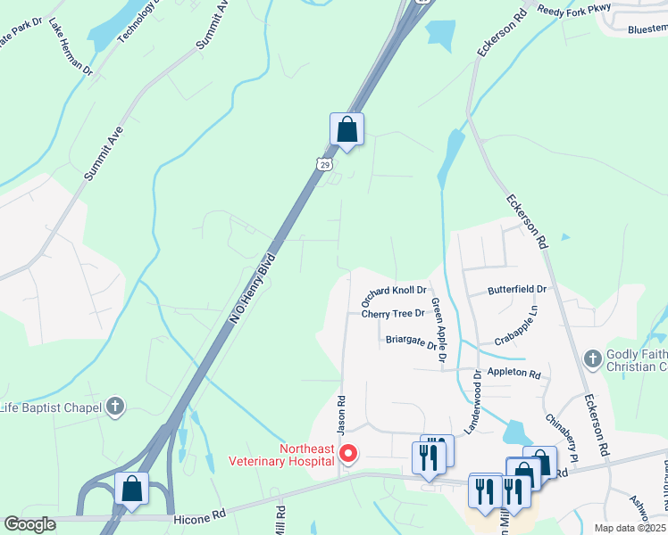 map of restaurants, bars, coffee shops, grocery stores, and more near 5567 Jason Road in Greensboro